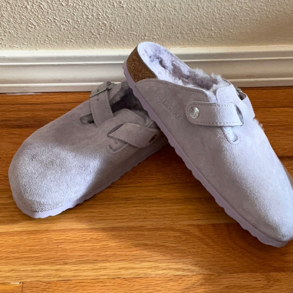 Birkenstock Lavender Suede Shearling Clog Mules